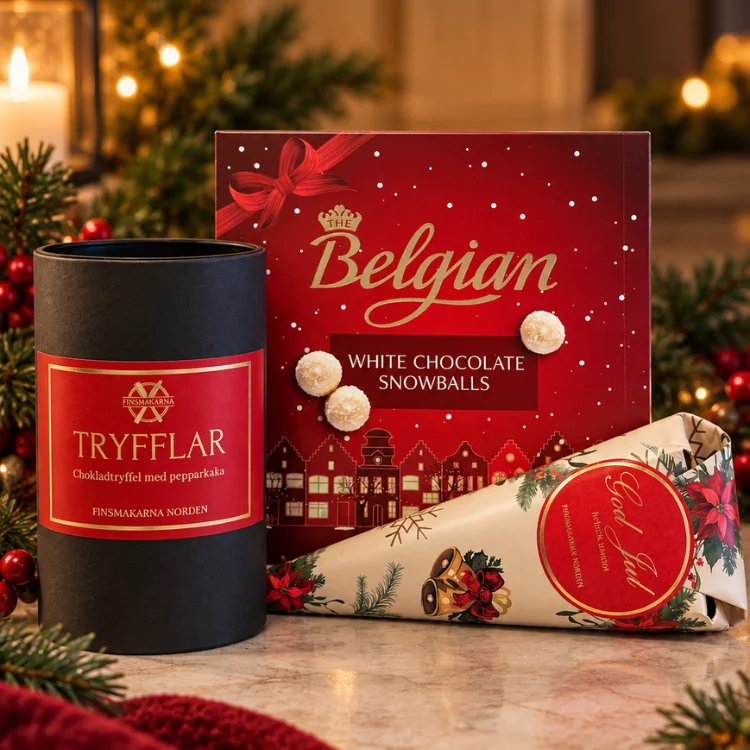 Julig delikatesslåda med tryfflar, julkaffe och belgisk nougat