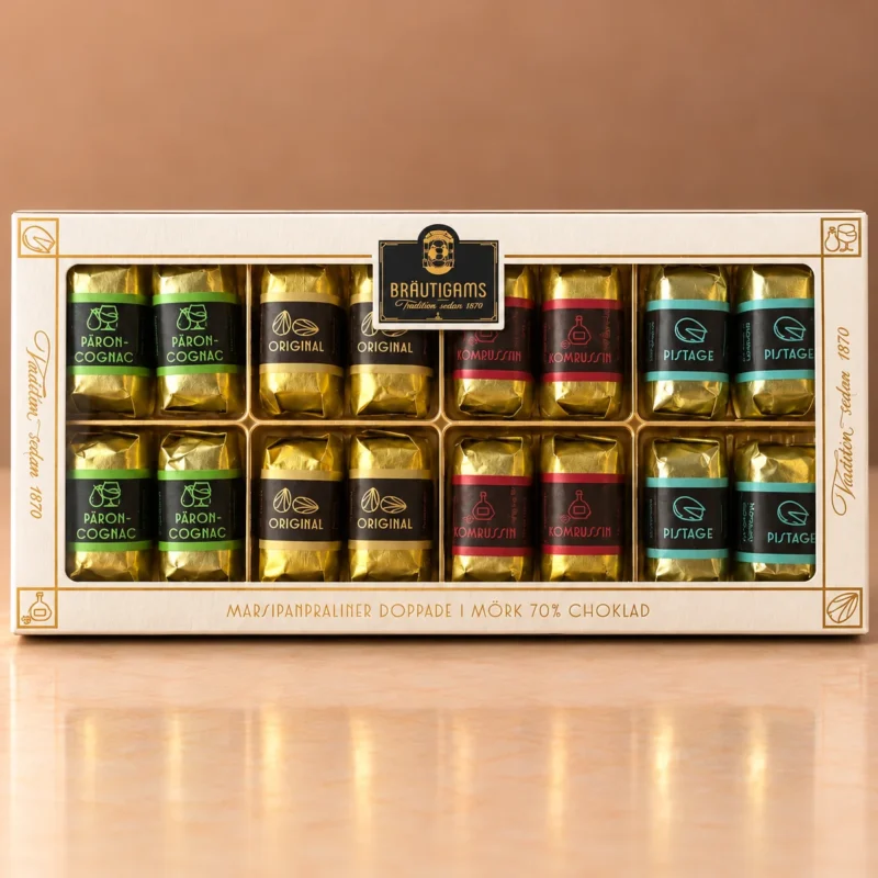Marsipanpraliner doppade i mörk choklad
